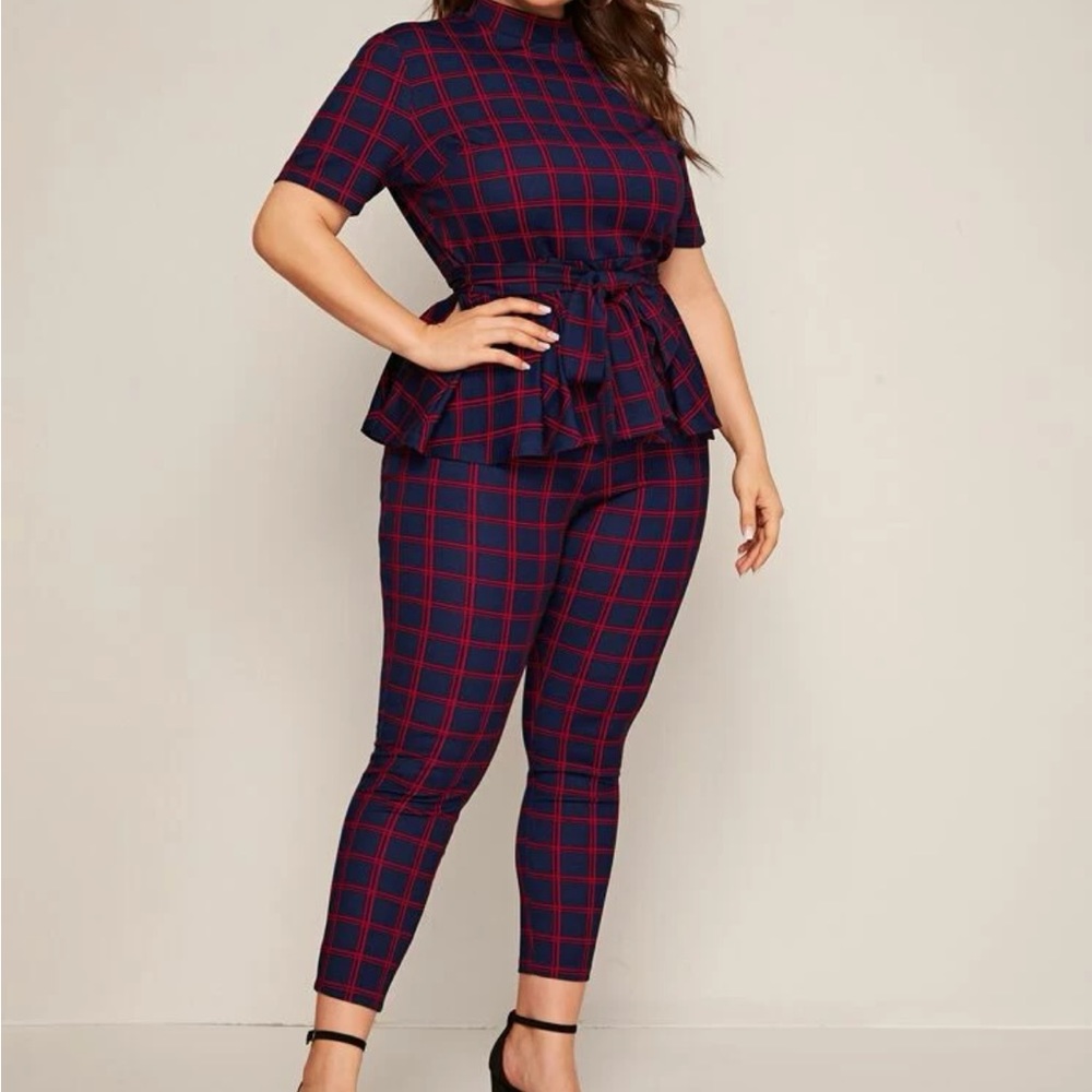 Mock-neck Belted Plaid Peplum Top & Leggings Set